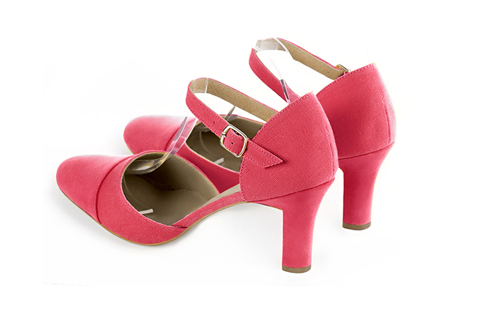 Women's carnation pink open side dress shoes, with an instep strap. Round toe. High kitten heels - Rear view